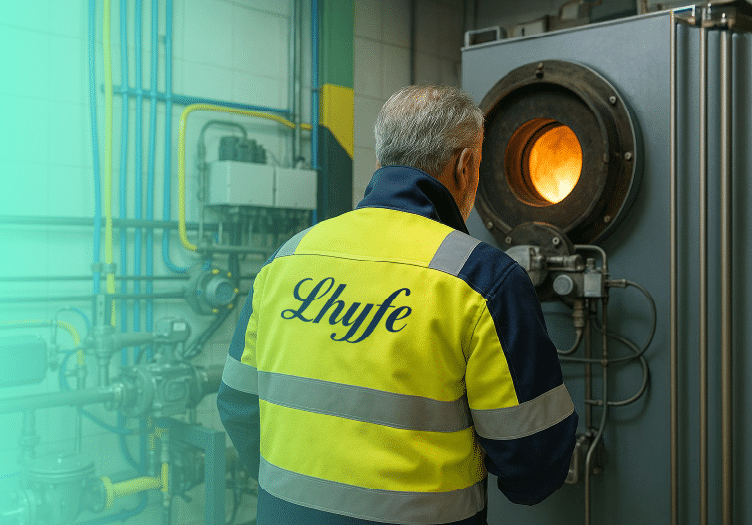Lhyfe engineer inspecting hydrogen integration at a glass factory